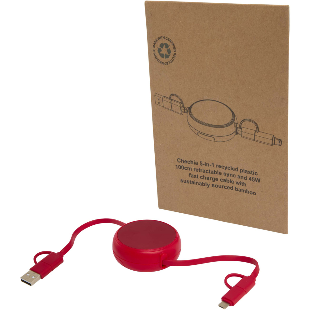 Logotrade Werbeartikel das Foto: Alasia 100 cm 5-in-1 Kabel aus recyceltem Kunststoff und Aluminium, einziehbar, für Datenübertragung und mit 45W Schnellladung