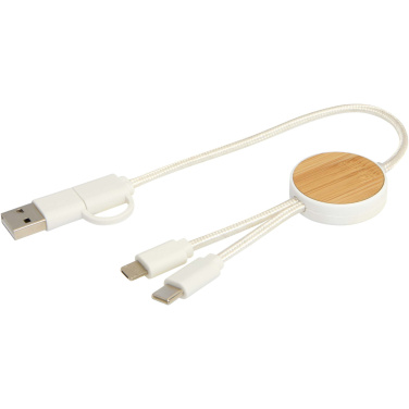 Logotrade Werbeartikel das Foto: Chechia 30 cm 5-in-1 Kabel aus recyceltem Kunststoff für Datenübertragung und 27W Schnellladung mit Bambusdetails