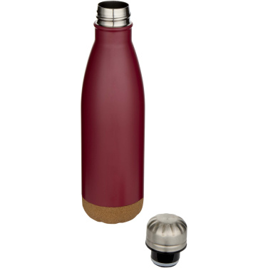 Logotrade Werbeartikel das Foto: Cove 500 ml doppelwandige, vakuumisolierte Trinkflasche aus Edelstahl mit Korkdetails