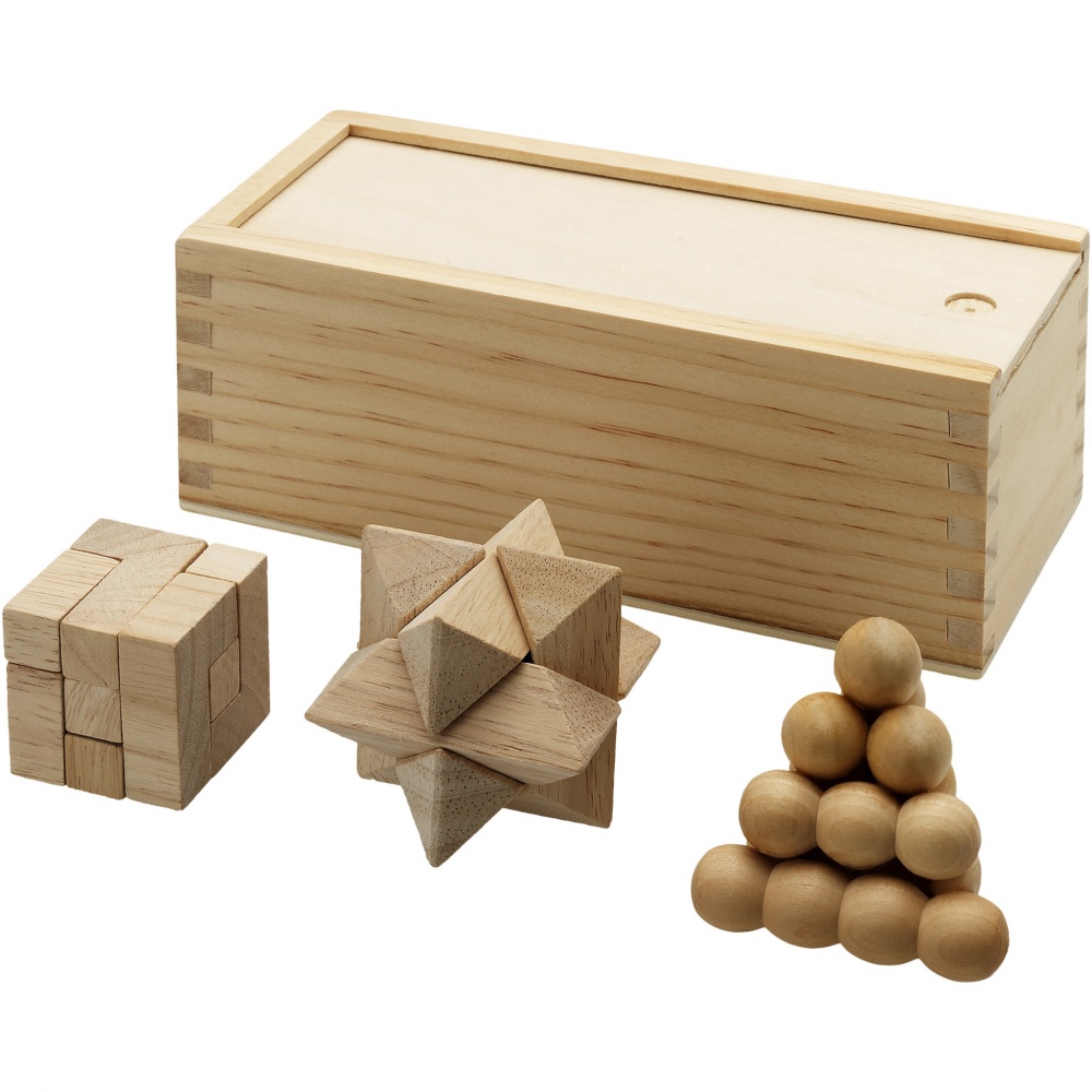 Logo trade advertising product photo of: Brainiac 3-piece wooden brain teaser set