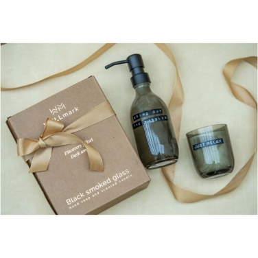 Logotrade advertising product picture of: Wellmark Discovery 200 ml hand soap dispenser and 150 g scented candle set - dark amber fragrance