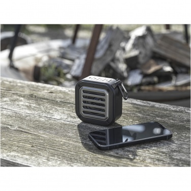 Logotrade corporate gift image of: Solo 3W IPX5 RCS recycled plastic solar Bluetooth® speaker with carabiner 