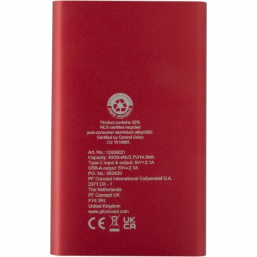 Logotrade promotional product picture of: Pep 4000 mAh Type-C recycled aluminium power bank 
