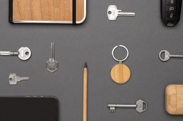 Logo trade promotional giveaway photo of: RCS recycled zinc alloy round keychain with bamboo