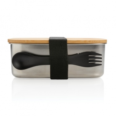 Logo trade promotional gifts image of: Stainless steel lunchbox with bamboo lid and spork
