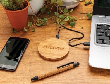 Logo trade promotional merchandise image of: Bamboo 5W round wireless charger