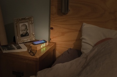 Logo trade promotional gifts image of: Bamboo alarm clock with 5W wireless charger