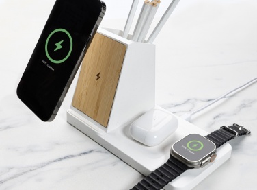 Logotrade business gift image of: Ontario recycled plastic & bamboo 3-in-1 wireless charger