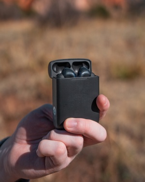 Logo trade promotional giveaways picture of: Skywave RCS recycled plastic solar earbuds