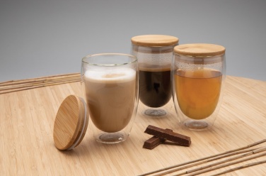 Logotrade promotional item image of: Double wall borosilicate glass with bamboo lid 350ml 2pc set