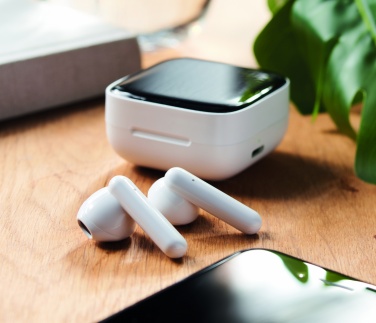 Logo trade promotional giveaways image of: TWS earbuds with solar charger