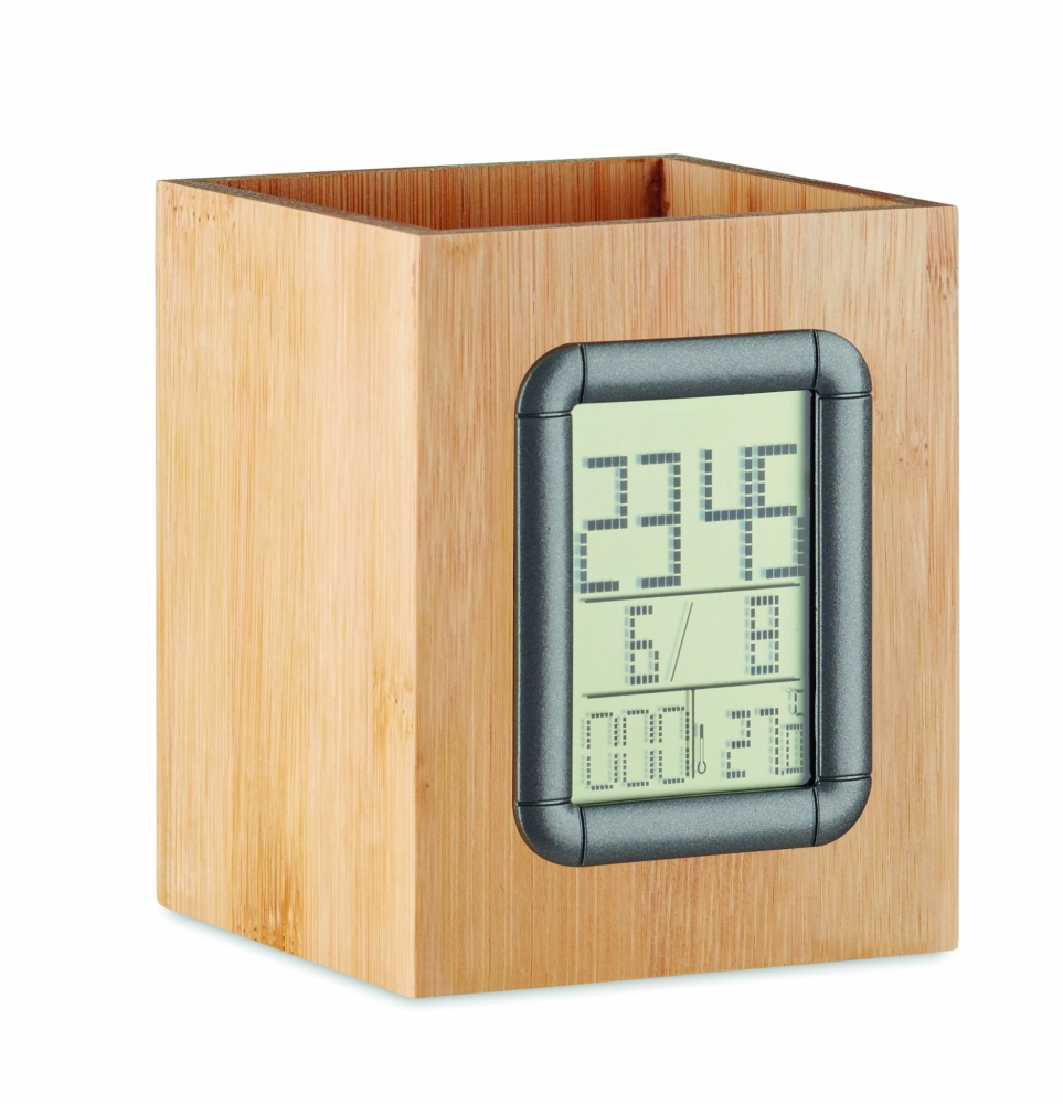 Logo trade promotional gifts image of: Bamboo pen holder and LCD clock