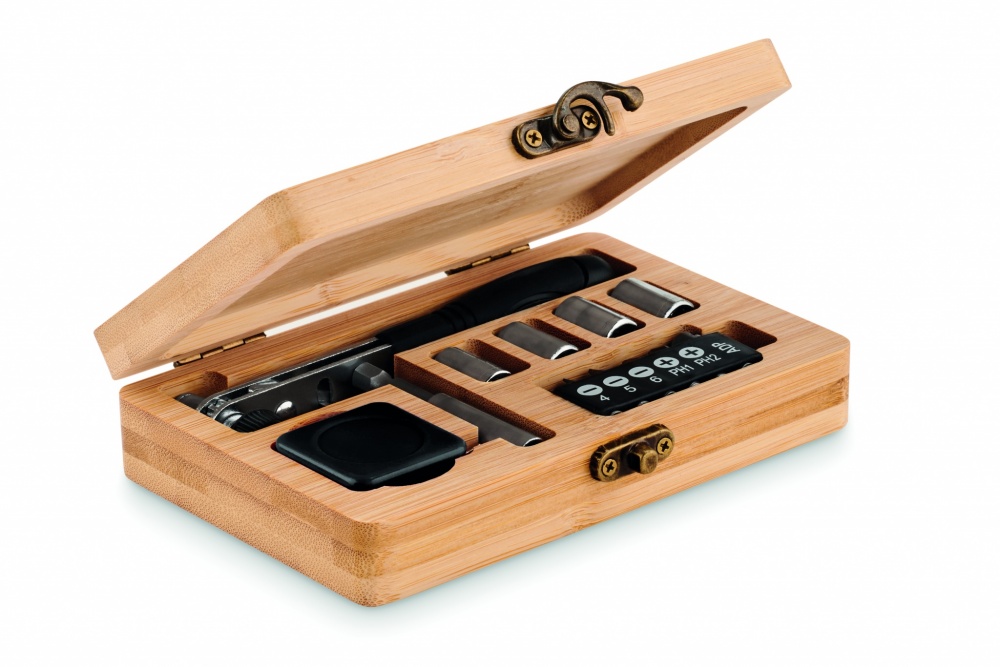 Logo trade promotional product photo of: 13 piece tool set, bamboo case