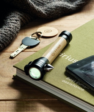 Logo trade promotional items image of: 3-in-1 bamboo flashlight with an emergency hammer and seatbelt cutter