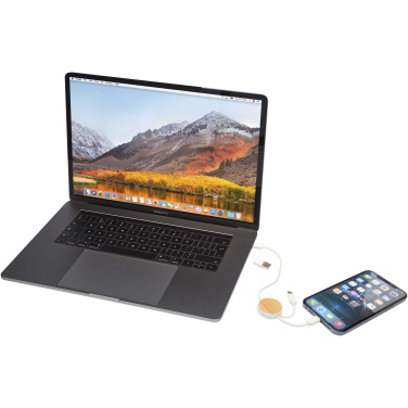 Logo trade business gifts image of: Chechia 5-in-1 recycled plastic 30 cm data sync and 27W fast charge cable with bamboo details