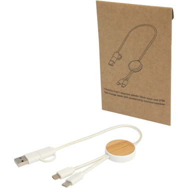 Logotrade promotional giveaway image of: Chechia 5-in-1 recycled plastic 30 cm data sync and 27W fast charge cable with bamboo details