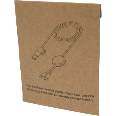 Logotrade advertising products photo of: Chechia 5-in-1 recycled plastic 150 cm data sync and 27W fast charge cable with bamboo details
