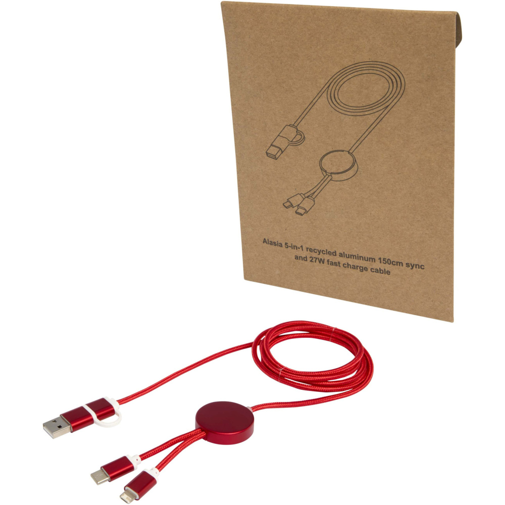 Logotrade promotional product image of: Alasia 5-in-1 recycled aluminium and plastic 150 cm data sync and 27W fast charge cable