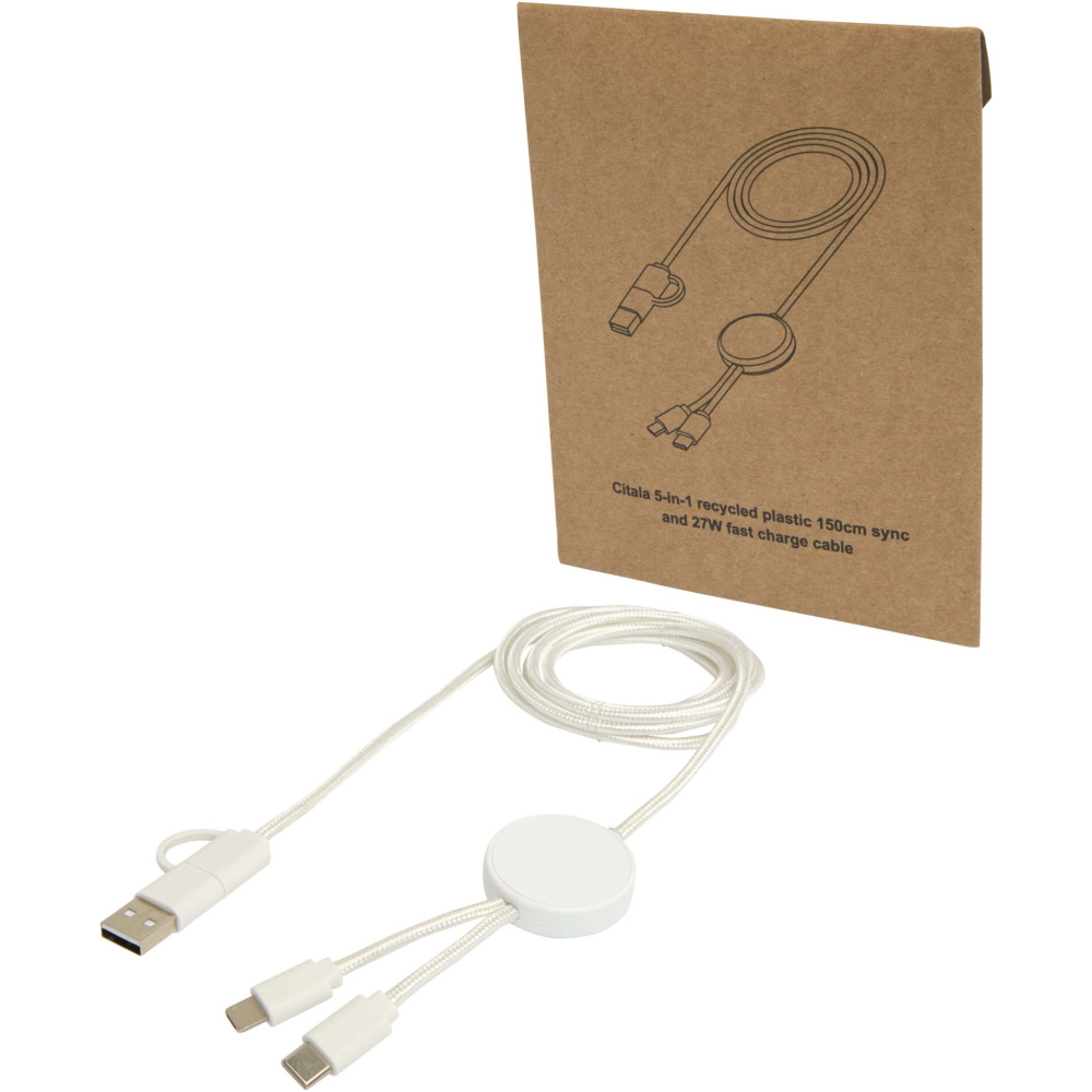 Logotrade promotional merchandise picture of: Citala 5-in-1 recycled plastic 150 cm data sync and 27W fast charge cable