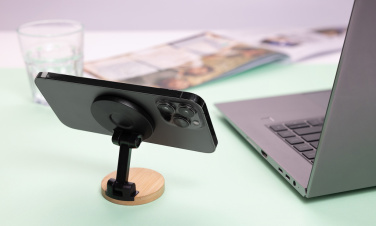 Logo trade promotional products image of: Magmount RCS recycled plastic and bamboo phone stand