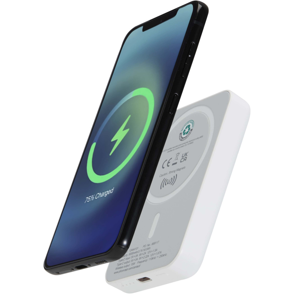 Logo trade promotional merchandise image of: Acrab 5000 mAh 15W magnetic wireless power bank with 20W PD - made from recycled plastic