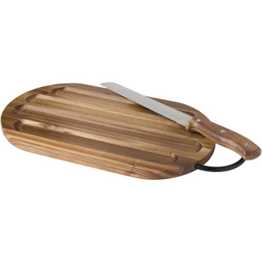 Logo trade promotional giveaways image of: Prestige acacia wood chopping board with bread knife