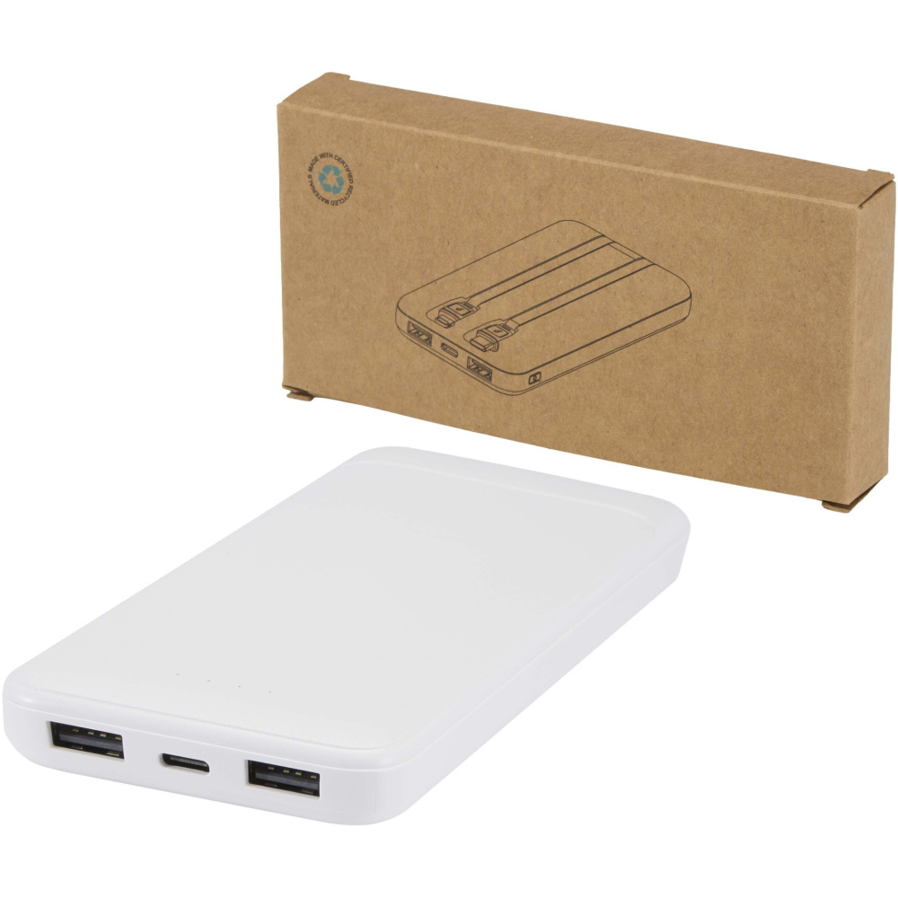 Logotrade promotional gift image of: Adhil 10.000 mAh 10W recycled plastic power bank with 2 built-in cables