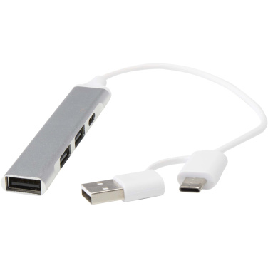 Logotrade reklaminės dovanos nuotrauka: „Alkaid“ 4 prievadų perdirbto aliuminio USB-A ir C tipo šakotuvas su dviguba įvestimi