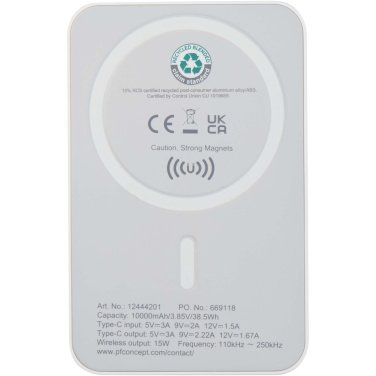 Logotrade ziemassvētku dāvanas foto: Acrab 10.000 mAh 15W magnētiskā bezvadu pārnēsājamā uzlādes ierīce ar 20W PD - izgatavota no pārstrādātas plastmasas